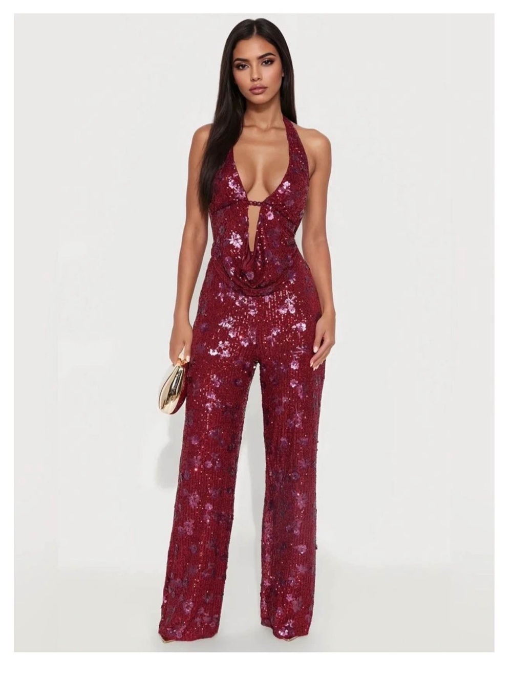 Sequin Halter Jumpsuit in Burgundy